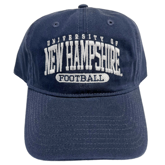 A navy hat with white embroidering reading "University of New Hampshire" with "Football" in inverse embroidering beneath it