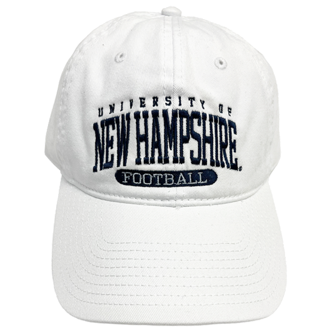 A white hat with navy embroidering reading "University of New Hampshire" with "Football" in inverse embroidering beneath it