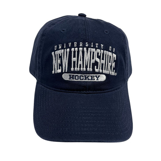 A navy hat with white embroidering reading "University of New Hampshire" with "Hockey" in inverse embroidering beneath it