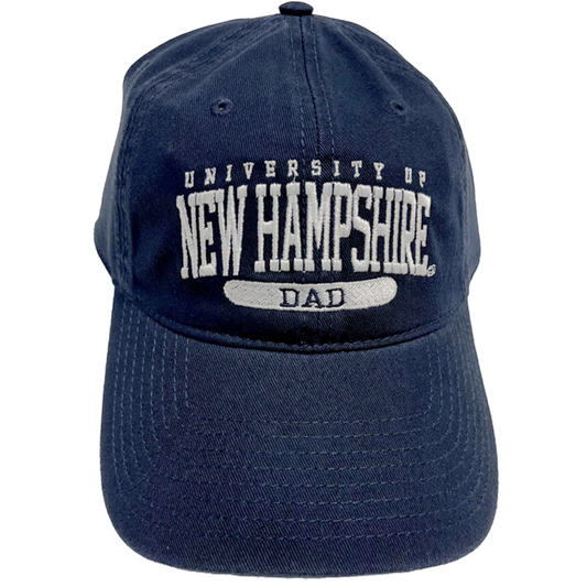 A navy hat with white embroidering reading "University of New Hampshire" with "Dad" in inverse embroidering beneath it