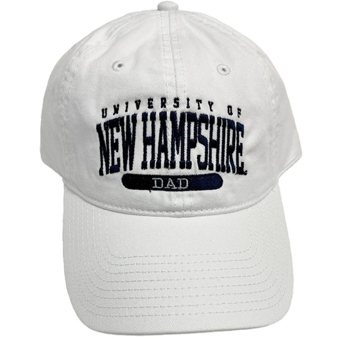 A white hat with navy embroidering reading "University of New Hampshire" with "Dad" in inverse embroidering beneath it