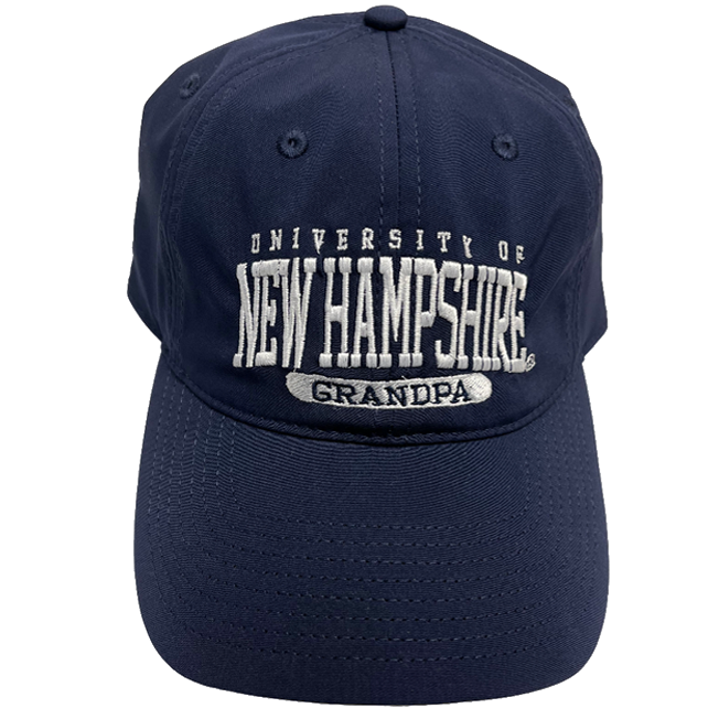A navy hat with white embroidering reading "University of New Hampshire" with "Grandpa" in inverse embroidering beneath it.
