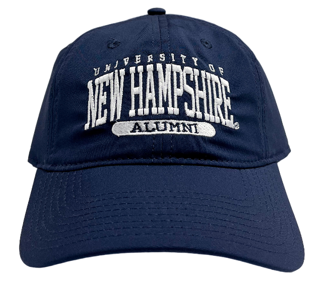 A navy hat with white embroidering reading "University of New Hampshire" with "Alumni" in inverse embroidering beneath it
