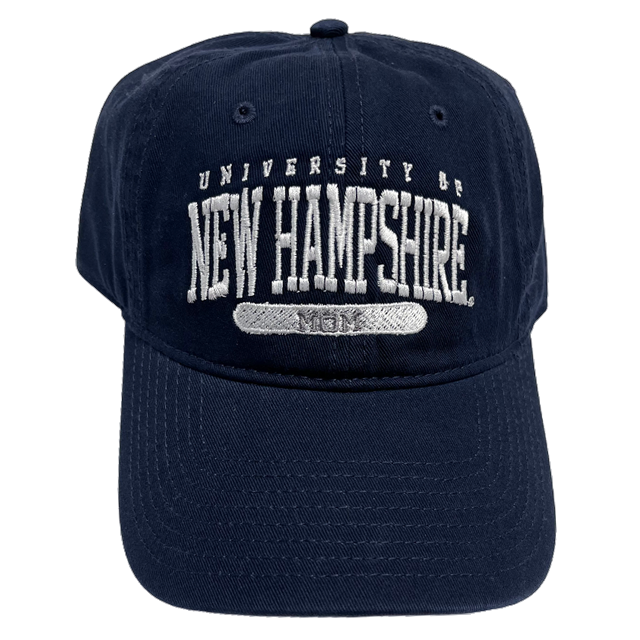 A navy hat with white embroidering reading "University of New Hampshire" with "Mom" in inverse embroidering beneath it